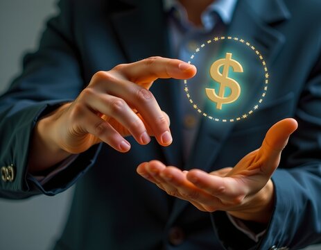 artist entrepreneur, hand gesture grabbing palette + currency icon, digital art monetization theme, infographic design, close up