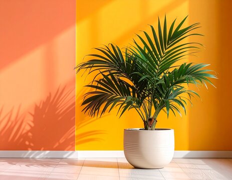 Generated image "Close-up photo of a potted indoor plant with decorative foliage, surrounded by complementary wall colors in pastel tones, smooth bokeh background, artistic shadows, film-style color g