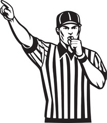 Minimalist referee vector blowing a whistle and signaling with raised arm. Ideal for sports icons and rule enforcement themes.
