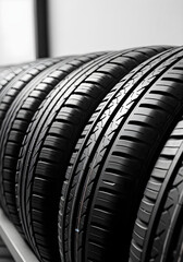 Row of tires showing treads and textures in monochrome studio shot
