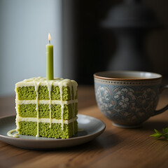Matcha Cake with Candle and Japanese Ceramic Coffee Cup

