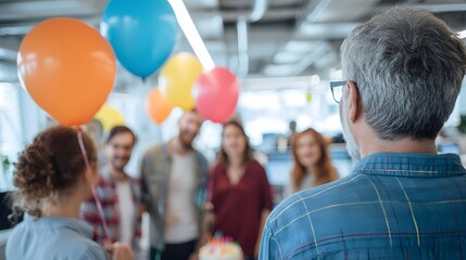 Office celebration! A group of coworkers gathers with balloons and a cake to celebrate a birthday or special occasion at the workplace.