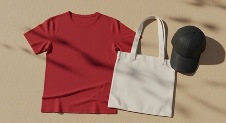 Blank maroon t shirt tote bag and baseball cap mockup