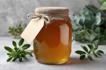 Still life of a honey jar with a blank label and greenery around it
