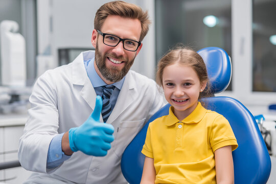Pediatric dentist giving a thumbs up to a child after a cavity-free checkup, bright and friendly office.