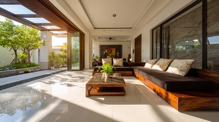 Minimalist living room with clean lines and natural light, embodying modern simplicity and serene elegance.