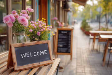 Welcome sign on wooden table with vibrant flowers in glass jar, inviting atmosphere at outdoor cafe