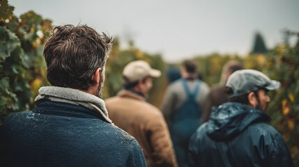 A group of vineyard workers walk through the rows of vines on an overcast day, likely inspecting the crop and preparing for harvest.