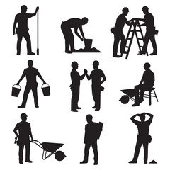 Obraz premium Collection of black silhouette construction workers performing various tasks on a white background