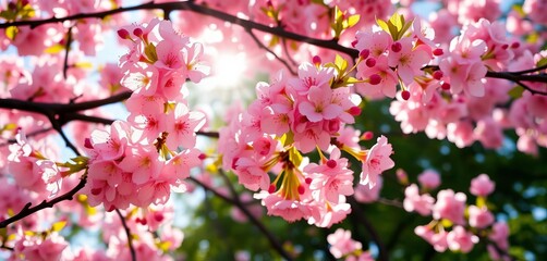 Pink cherry blossoms in full bloom, sunlight filtering through delicate petals,  vibrant,  macro