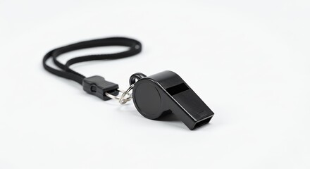 Black Whistle with Lanyard Isolated on White Background for Sports and Safety
