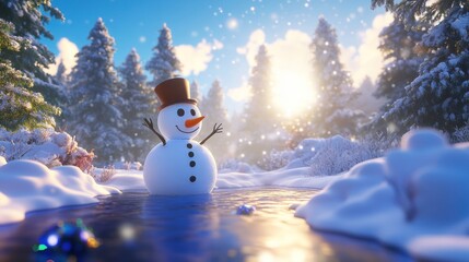 Obraz premium Charming Snowman Meltdown, Winter Wonderland and Warming Sunlight Harmony