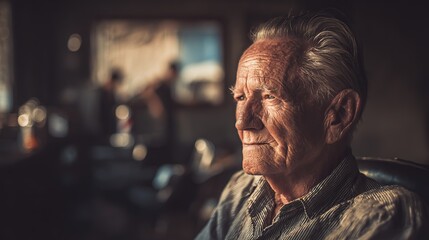 Fototapeta premium Elderly gentleman in a barber chair, warm light on his face. A timeless moment of care and tradition.