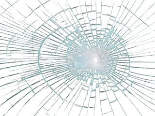 A cracked glass surface with a radial pattern, highlighting the shattered effect, on transparent background PNG