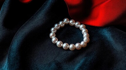 Fototapeta premium Close-up of a pearl bracelet resting on a dark blue fabric. the bracelet is made up of multiple round, silver-colored pearls that are arranged in a circular pattern.