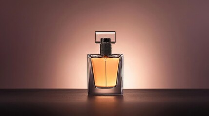 Photograph of a perfume bottle. the bottle is made of glass and has a square shape with a flat base. the body of the bottle is a light orange color and appears to be filled with a liquid.