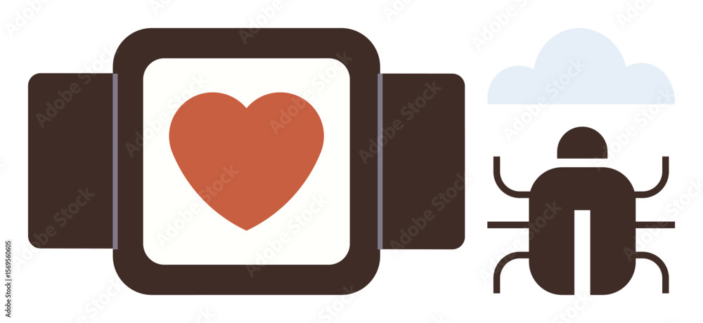 Poster smartwatch displaying red heart, bug symbolizing software issues, cloud overhead. ideal for health t