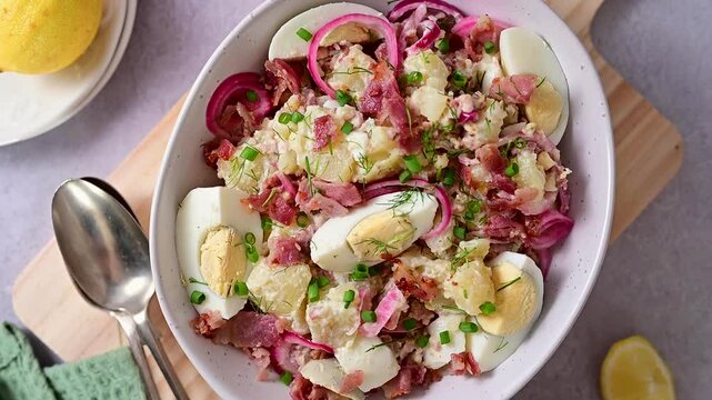Deviled egg potato salad with bacon and fresh herbs in a plate