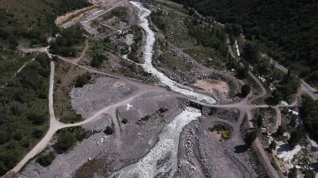A mountain river in the Talgar gorge, in the Tien Shan Mountains. The view from the drone.