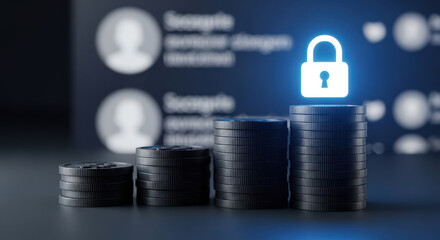 Increasing cost of cybersecurity services and data protection solutions for business concept with rising coin stacks and a glowing security lock icon