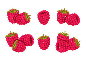 Set of raspberries. Ripe summer berry with green leaves on a white background.