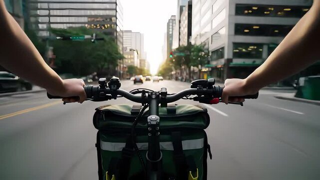 Urban cycling perspective: First-person view of a bicycle ride through the city streets