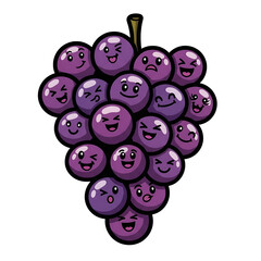 Whimsical Smiling Fruit: Cartoon Grape Cluster, Cheerful Grape Emojis: Fun Food Illustration, Vibrant Grape Bunch with Happy Cartoon Expressions.