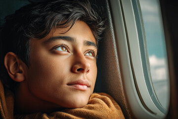 Young boy with dark hair gazes thoughtfully out of an airplane window, reflecting on his journey, with soft light illuminating his face and the cabin interior around him