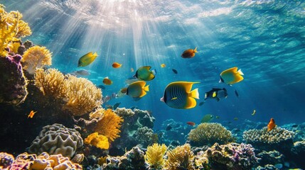 Naklejka premium Underwater coral reef teeming with colorful fish. Sunlight streams down through the water
