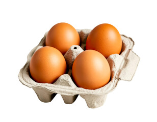 Brown chicken eggs in a cardboard tray isolated on a transparent background. Four brown raw eggs in png format png