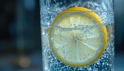 Closeup of Sparkling Water with Lemon Slice in Clear Glass