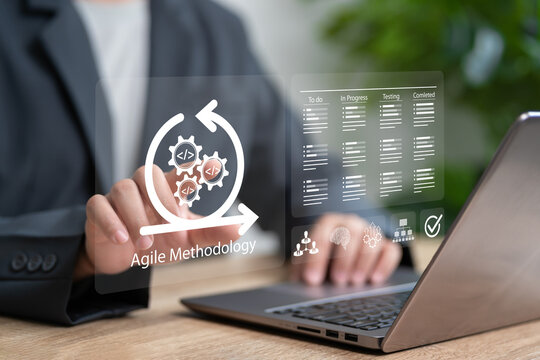 Agile methodology software development management concept, Businessman learn of various management processes, Product development lifecycle, Workflow, Visual organization tools, Process, Automation