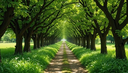 Lush Green Tree Tunnel Path on a Sunny Day