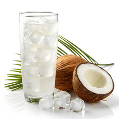A tall glass of refreshing coconut drink with ice and palm leaves, beside whole and halved coconuts