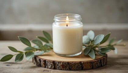 Lit White Candle in Glass Jar on Wooden Slice with Eucalyptus Leaves