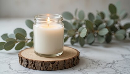 Lit White Candle in Glass Jar on Wooden Slice with Eucalyptus Leaves
