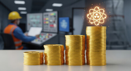 High operational cost of energy production and industrial plant management concept with a worker and rising gold coin stacks with an atom symbol