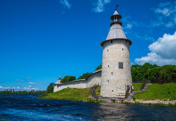 Vysokaya (Voznesenskaya) tower view of the Pskov Kremlin, Russia