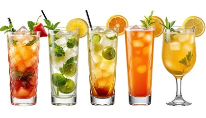 Cuba Libre, Long Island, Mojito, Paloma, Tequila Sunrise, Screwdriver cocktail transparent PNG set bundle, isolated background. Bar menu cocktails in highball glass, colorful refreshing drink garnish