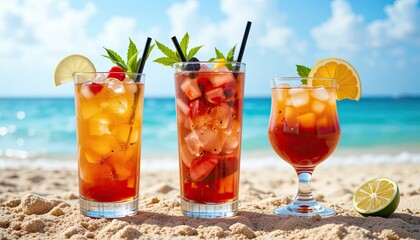 Sex on the Beach, Sea Breeze, Planters punch, Painkiller cocktail PNG set bundle, transparent isolated background. Mixology, bar menu cocktails, colorful vibrant refreshing drink with garnish