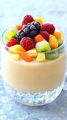Fruit Smoothie with Ice Crystal Concept, frozen mixed fruit smoothie in frosted glass on textured ice surface, high contrast with cold blue tone light