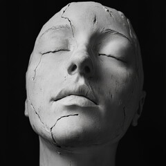 Depression, human face, mannequin, artistic expression, front view, concrete face on black background