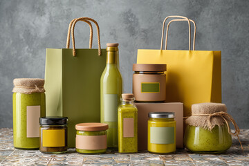 Collection of assorted glass jars, bottles, and paper bags in green and yellow colors, showcasing eco-friendly packaging design