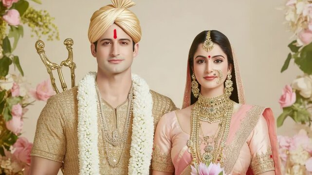 A newly married couple adorned in traditional attire, their faces radiate happiness and contentment against a floral backdrop, embodying the beginning of their shared life journey.