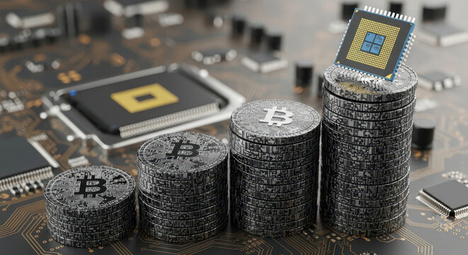 Rising cost of cryptocurrency mining hardware and computer components concept with Bitcoin stacks on a motherboard topped with a processor CPU