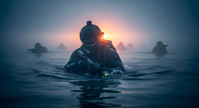 Dawn operation of underwater commandos emerging from water
