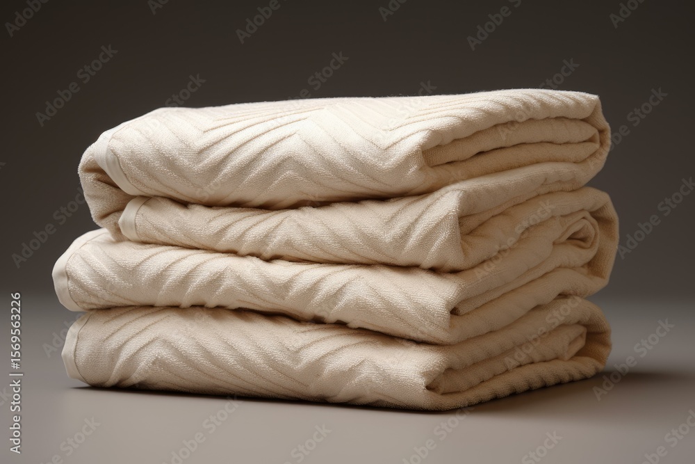 Poster four soft beige towels folded and stacked, creating a cozy and inviting image