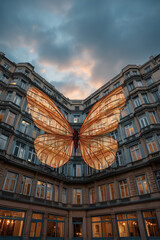 Large butterfly sculpture made of translucent materials is displayed on a historic building facade