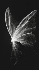 The delicate contour of fairy wings, formed entirely by white particles isolated on black background