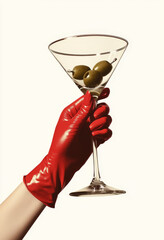 A woman's hand in red latex gloves holds up an olive martini glass